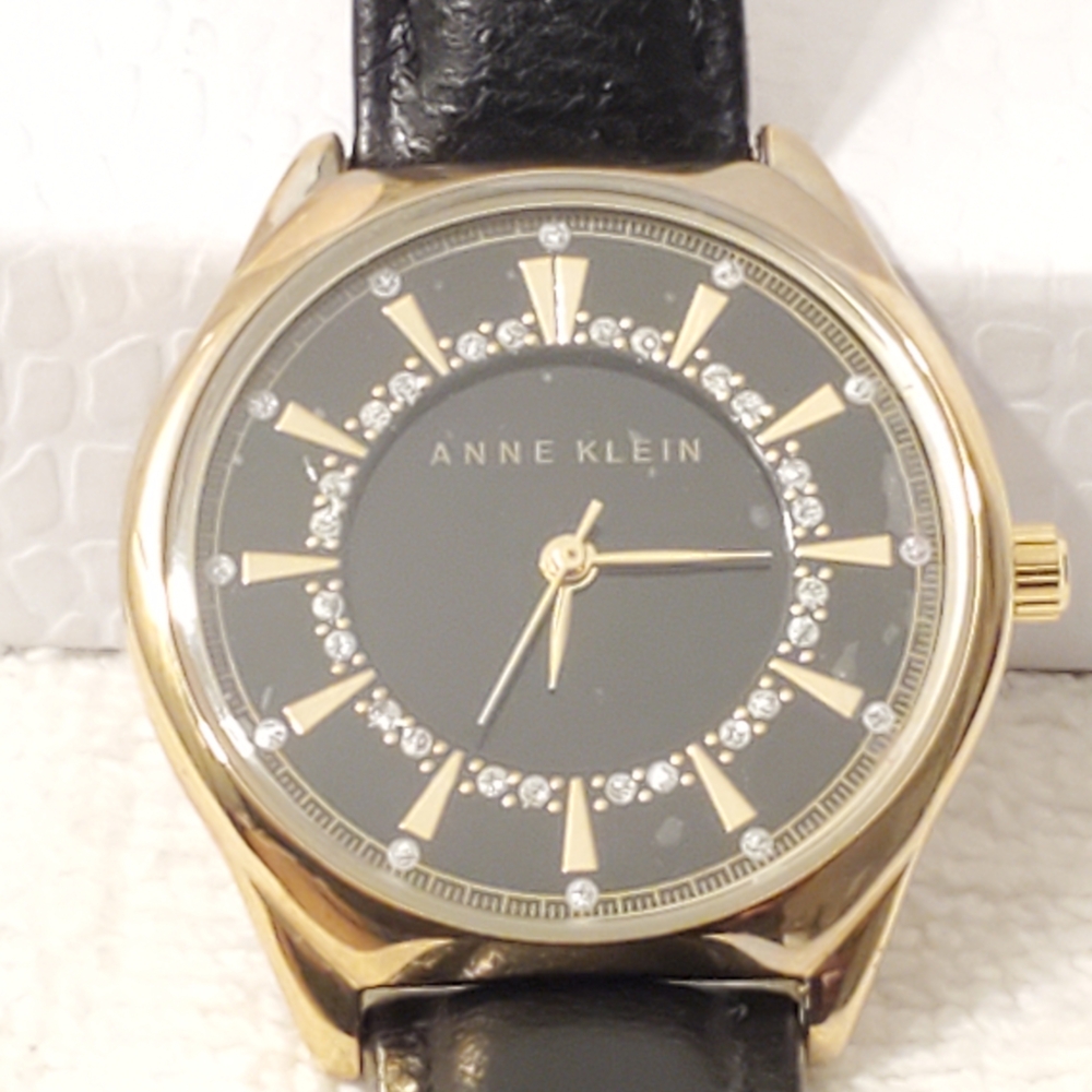 Anne Klein Women's Gold Tone Black Dial Leather Strap Quartz Watch New Tags